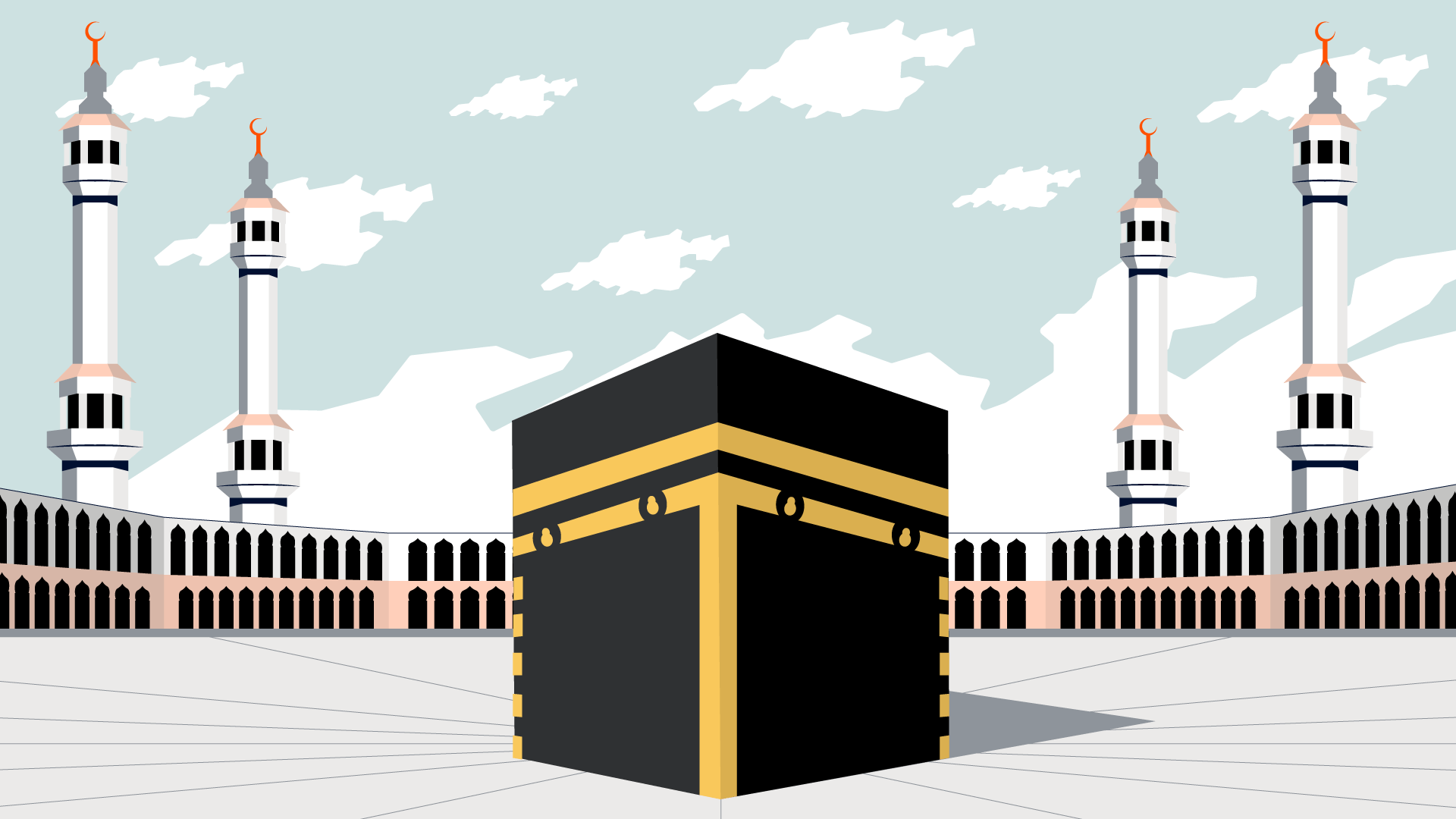 Illustration of the Kaaba in Mecca with four minarets and a clear sky with clouds in the background. The open courtyard surrounds the central black-and-gold cube-shaped structure.
