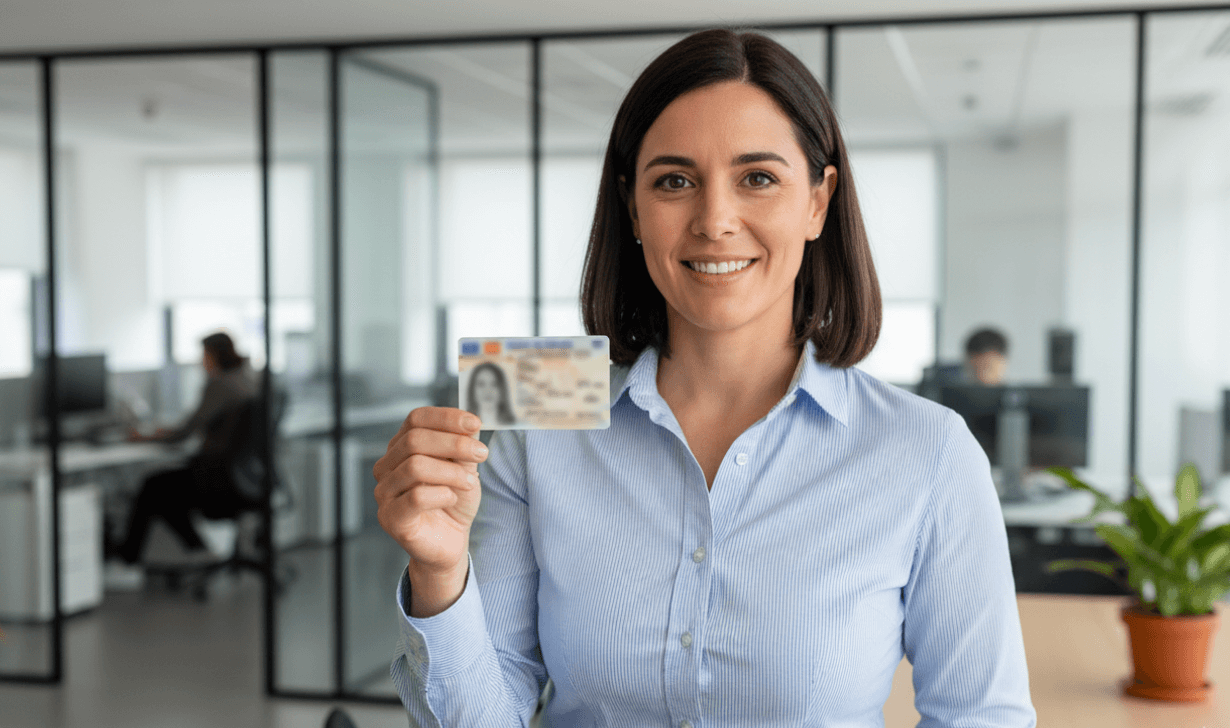 A smiling woman in a light blue shirt stands in an office, holding up an ID card to verify your identity. The background features glass partition walls, office furniture, and people working at desks.