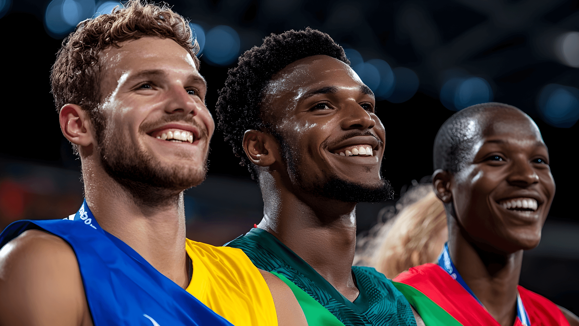 Three male athletes wearing medals and sports uniforms smile proudly, standing close together on a podium at an indoor stadium, celebrating their achievements.