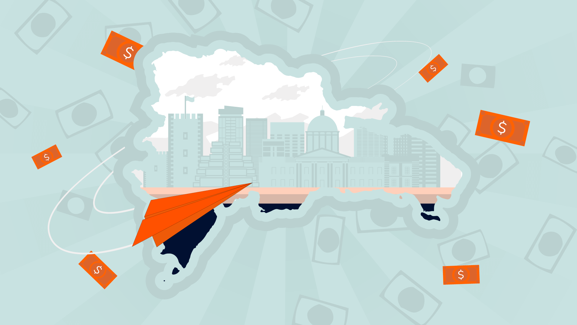 Illustration of a city skyline within the outline of a geographical shape, symbolizing immigration and remittances in the Dominican Republic. An orange paper airplane flies across, surrounded by floating currency notes. The background features a pattern of faded dollar bills.