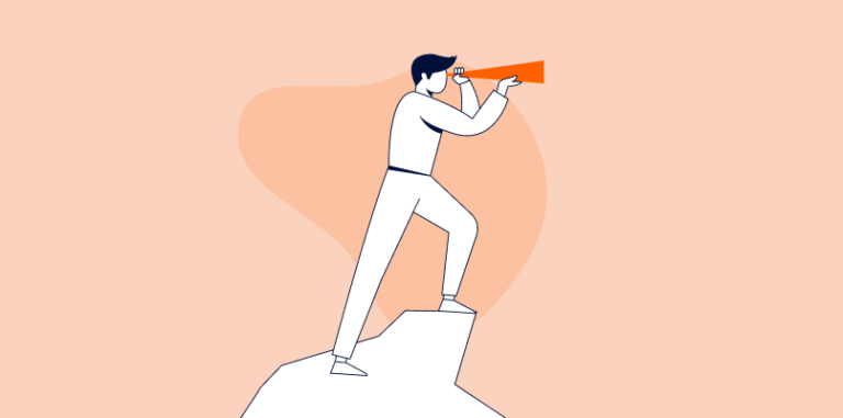 Illustration d'une personne debout sur une corniche rocheuse, vêtue de vêtements blancs, regardant à travers un télescope orange sur un fond pêche clair. La personne semble observer attentivement quelque chose au loin.