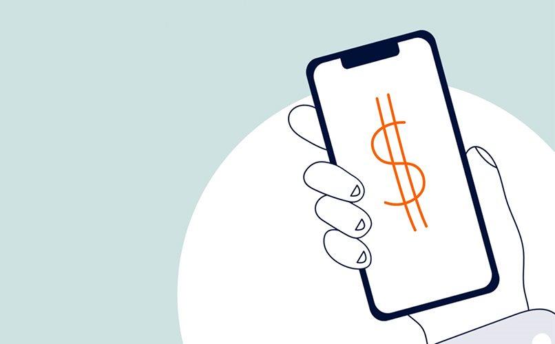 Illustration of a hand holding a smartphone displaying a large dollar sign on the screen, symbolizing a mobile wallet. The background is light mint green with a white semi-circle behind the phone. The lines are simple and clean, conveying a financial or mobile payment concept.