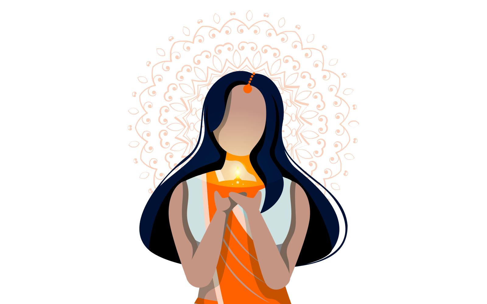 Illustration of a woman in a traditional orange saree with long black hair holding a lit diya (oil lamp) close to her face. A mandala pattern is in the background, suggesting a cultural or festive setting. The eyes and facial features are not detailed.