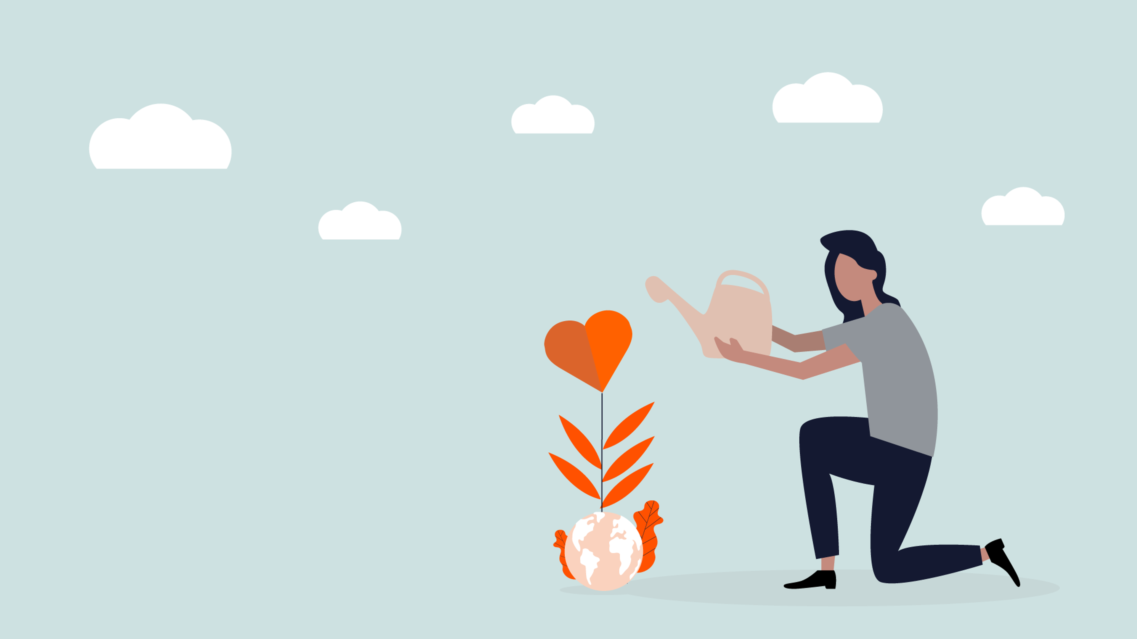 Illustration of a person kneeling on one knee and watering a heart-shaped plant growing from an Earth-like globe. The background is light blue with scattered white clouds. The plant has orange leaves and a bright orange heart at the top, symbolizing corporate social responsibility.