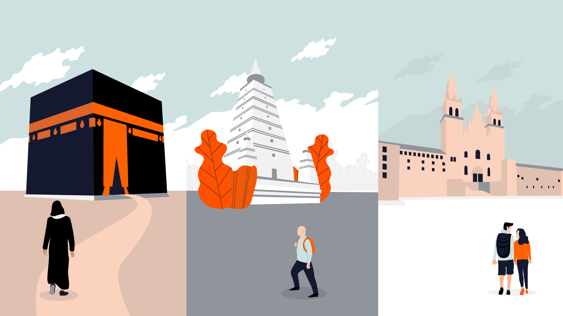 A triptych illustration shows: 1) A person walking towards the Kaaba with orange and black details, reflecting a spiritual pilgrimage, 2) A person hiking near mountains and trees, 3) A couple standing in front of a historic castle. The backgrounds embrace a minimalist design with soft colors.