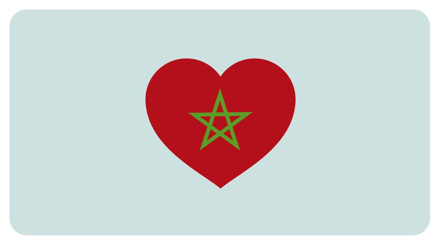 An illustration of a red heart with a green interlaced pentagram in the center, symbolizing the flag of Morocco, set against a light blue background with rounded corners.