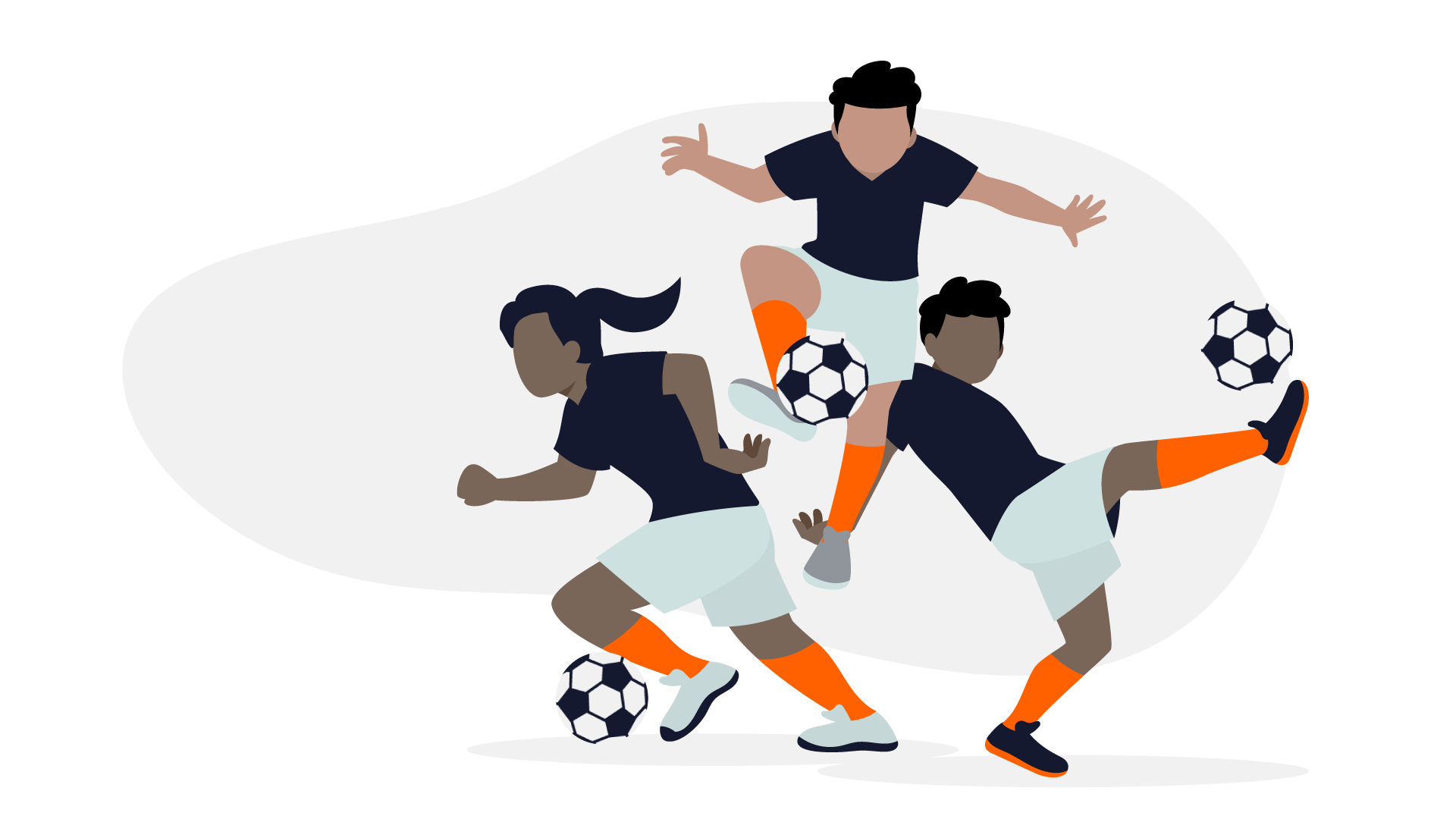 Illustration de trois joueurs de football en mouvement, vêtus de chemises bleues, de shorts blancs et de chaussettes orange. L’un court avec le ballon, un autre saute dans les airs tout en frappant le ballon et le troisième frappe le ballon avec une jambe tendue.