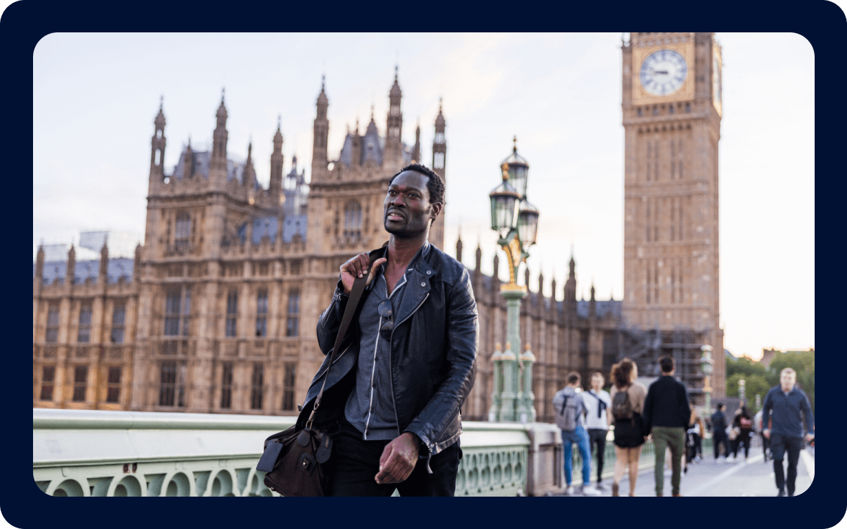 Man in London in Big Ben.