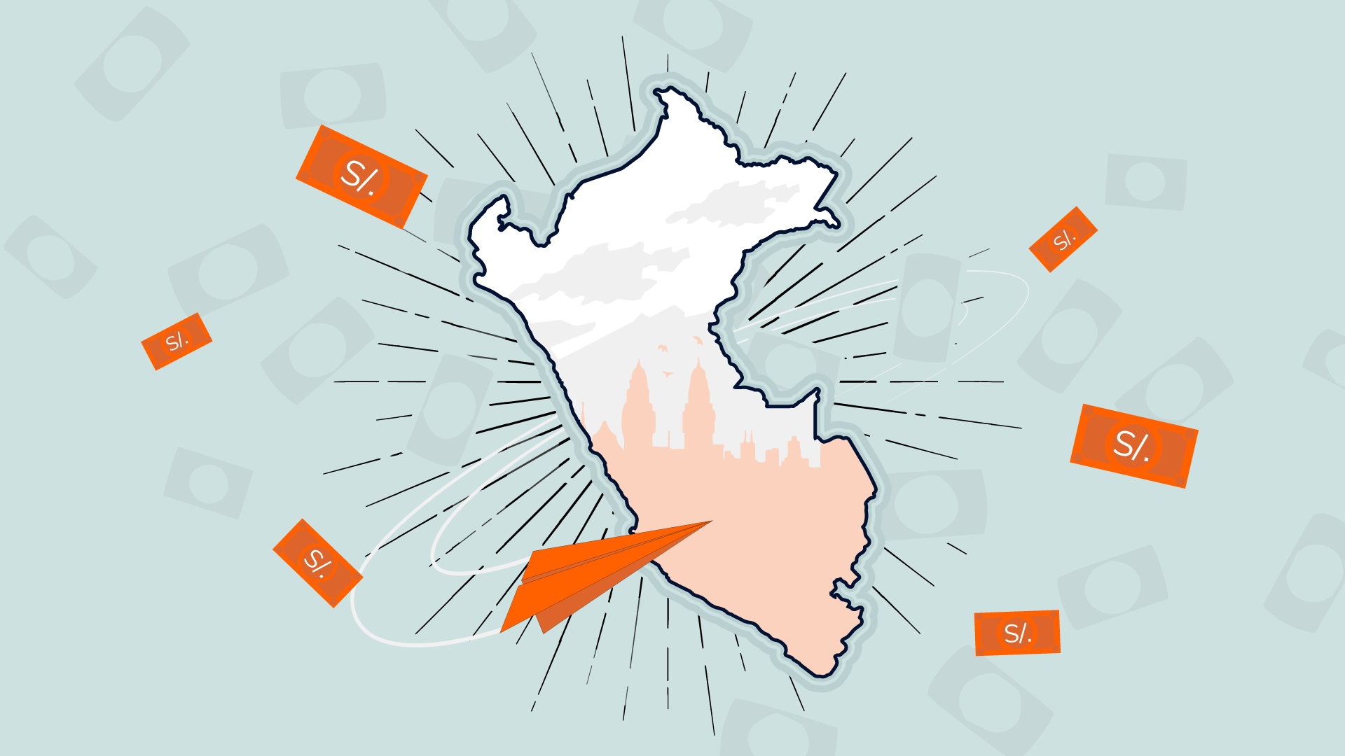 Illustration of a country map with a lighter upper region and a darker lower region. A bright orange paper airplane flies to the darker region. Surrounding the map are currency symbols and bills with "S/." written on them, indicating Peruvian Sol.