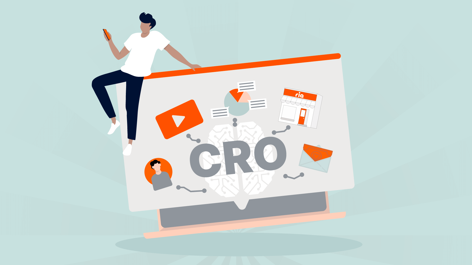 Illustration of a person sitting on a large computer screen displaying "CRO" with icons of charts, a video, a website, and messages surrounding it, symbolizing conversion rate optimization.