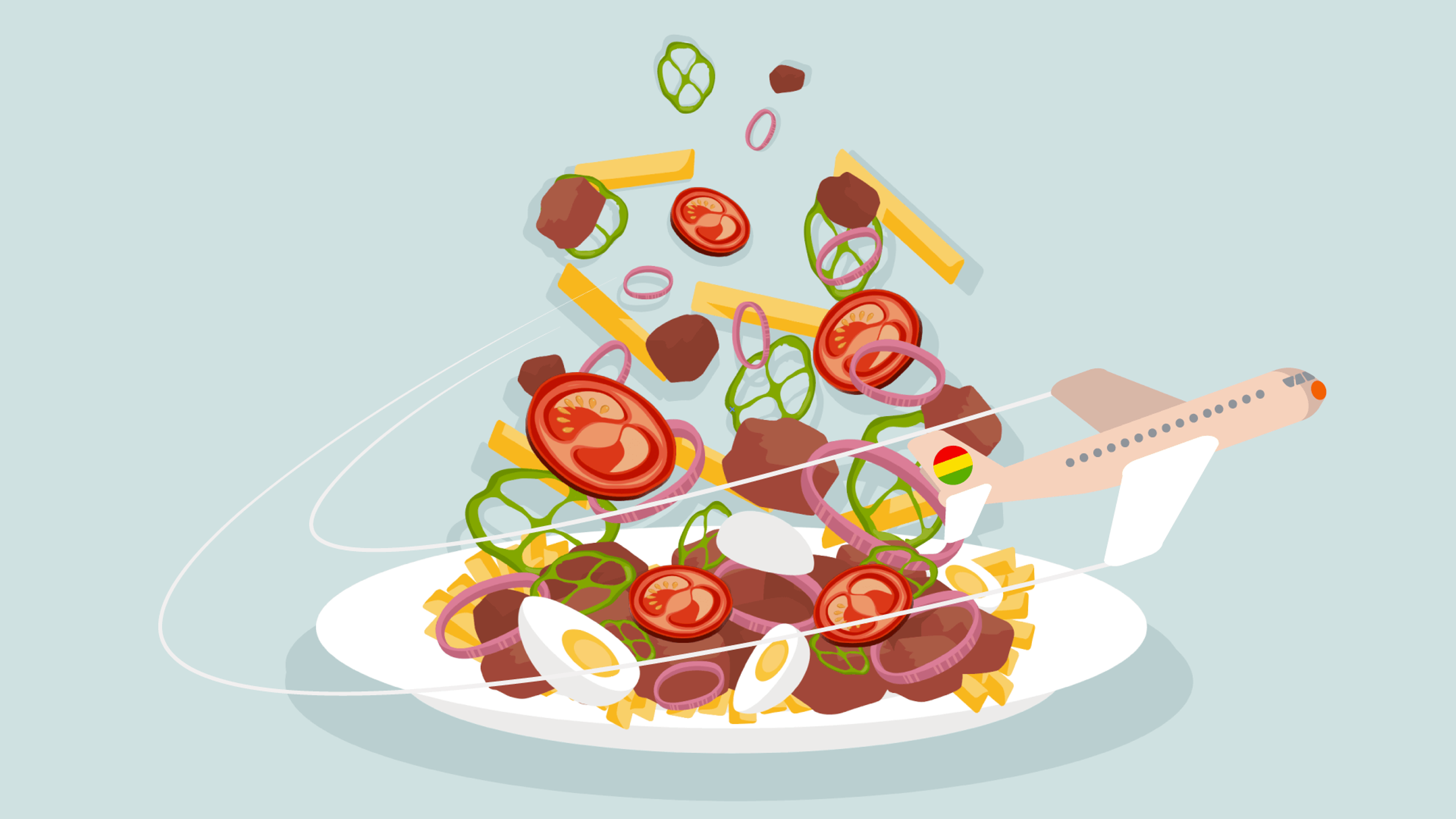 Una ilustración artística captura una ensalada deconstruida que se sirve en un plato, con rodajas de tomate, lechuga, cebollas y crutones. Un pequeño avión esparce ingeniosamente los ingredientes, lo que recuerda la vibrante presentación de la gastronomía boliviana en sus platos típicos y su historia.