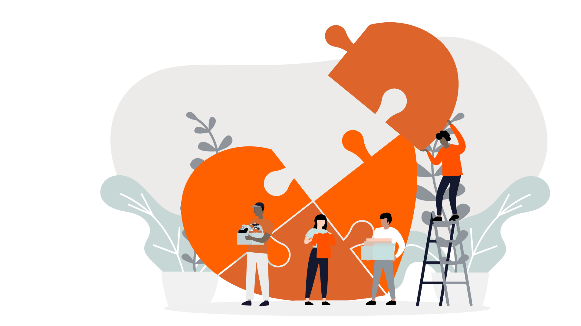 Illustration of four people assembling a large, red heart-shaped puzzle. One person stands on a ladder fitting a top piece while the others hold various pieces below. Background features stylized plants and abstract shapes.