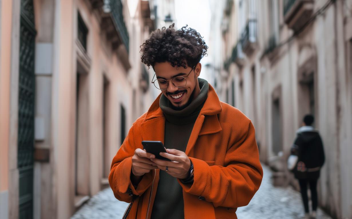 A man with curly hair and glasses is smiling at his smartphone, possibly checking how to receive money overseas in the US. Clad in an orange coat and green sweater, he strolls down a narrow, cobblestone street lined with historic buildings. Another person lingers in the background.