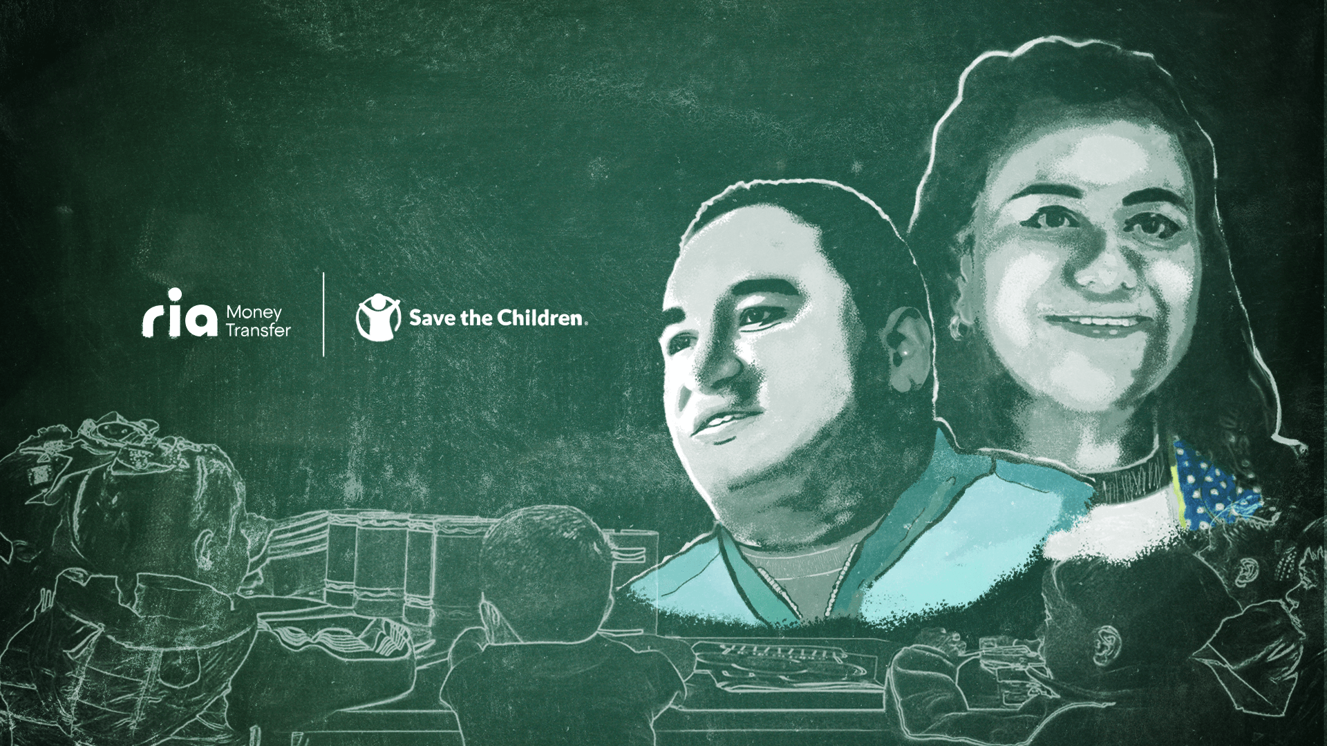 Ilustración de niños sentados en sus escritorios con retratos esbozados de un buen docente y una mujer sobre un fondo de pizarra. Los logotipos de Ria Money Transfer y Save the Children aparecen en el centro.