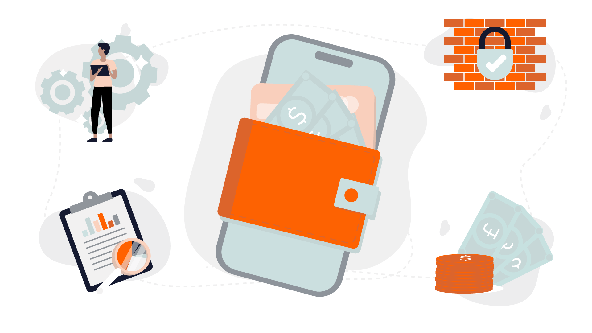 An illustrated smartphone with an orange wallet and money on its screen, surrounded by icons of financial charts, a padlock, a gear with a person, and stacked coins, representing embedded finance and security.