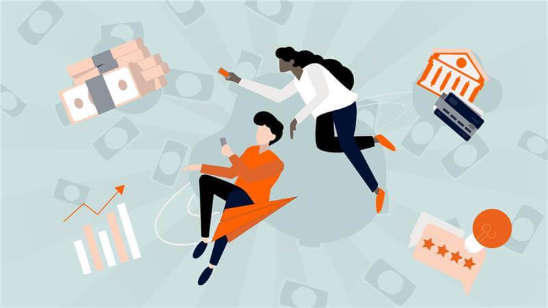 Illustration of two people interacting with financial elements such as cash, credit cards, a bank, a growth chart, and a rating card, suggesting concepts of banking, investing, or personal finance.